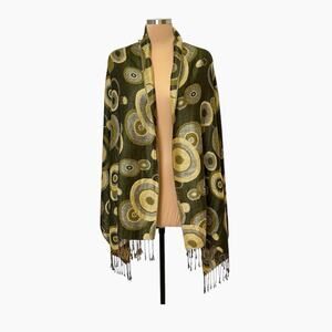 Shawl Wrap Circles Scarf Green Beige Circular Pattern Fringe Tassels 74 x 27